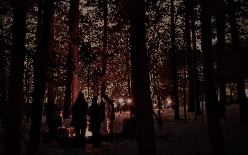 A group of people gather around a bonfire in the forest at dusk.