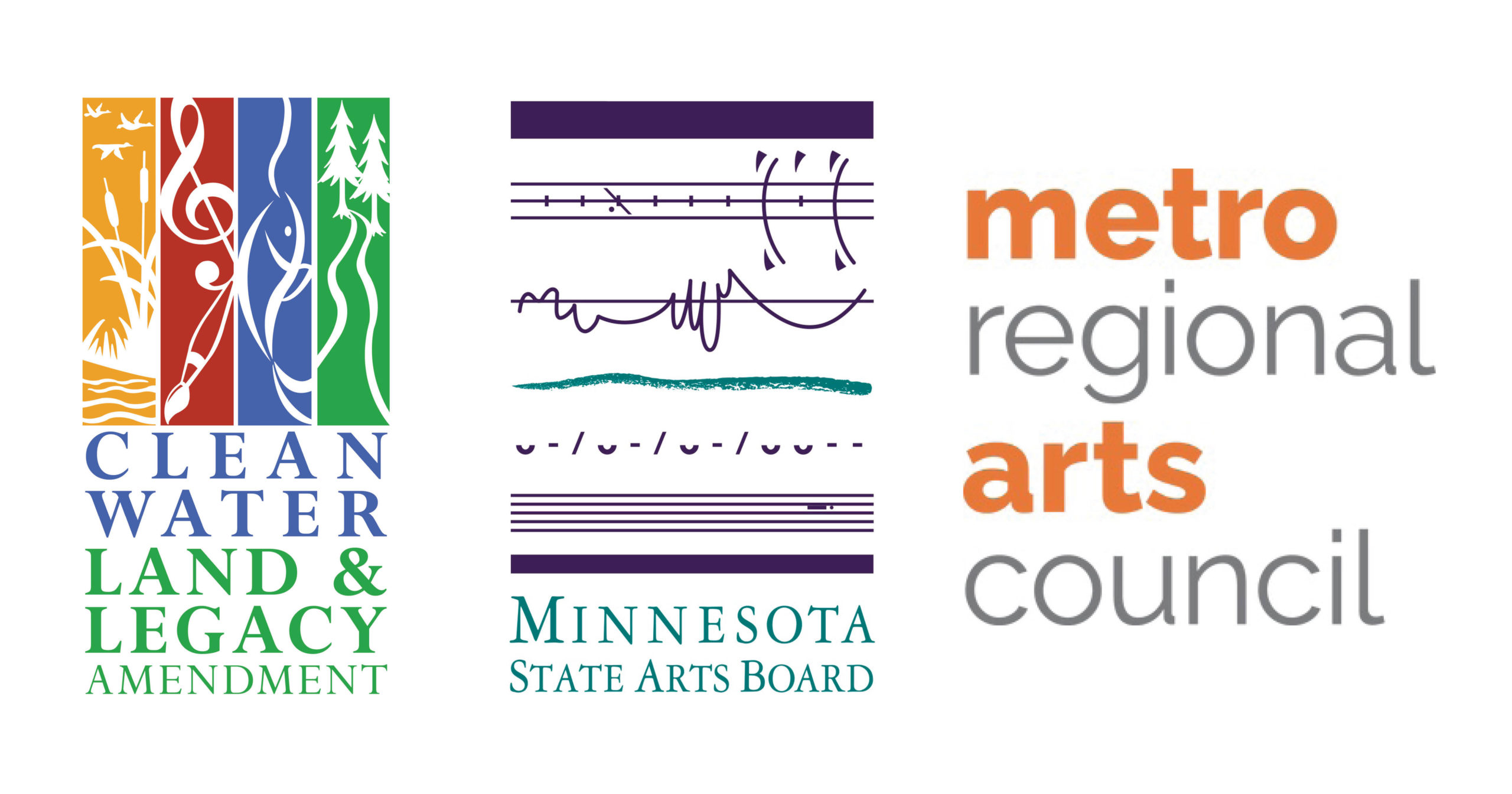 Minnesota State Arts Board logo, Metropolitan Regional Arts Council logo, and Clean Water, Land & Legacy Amendment Logo